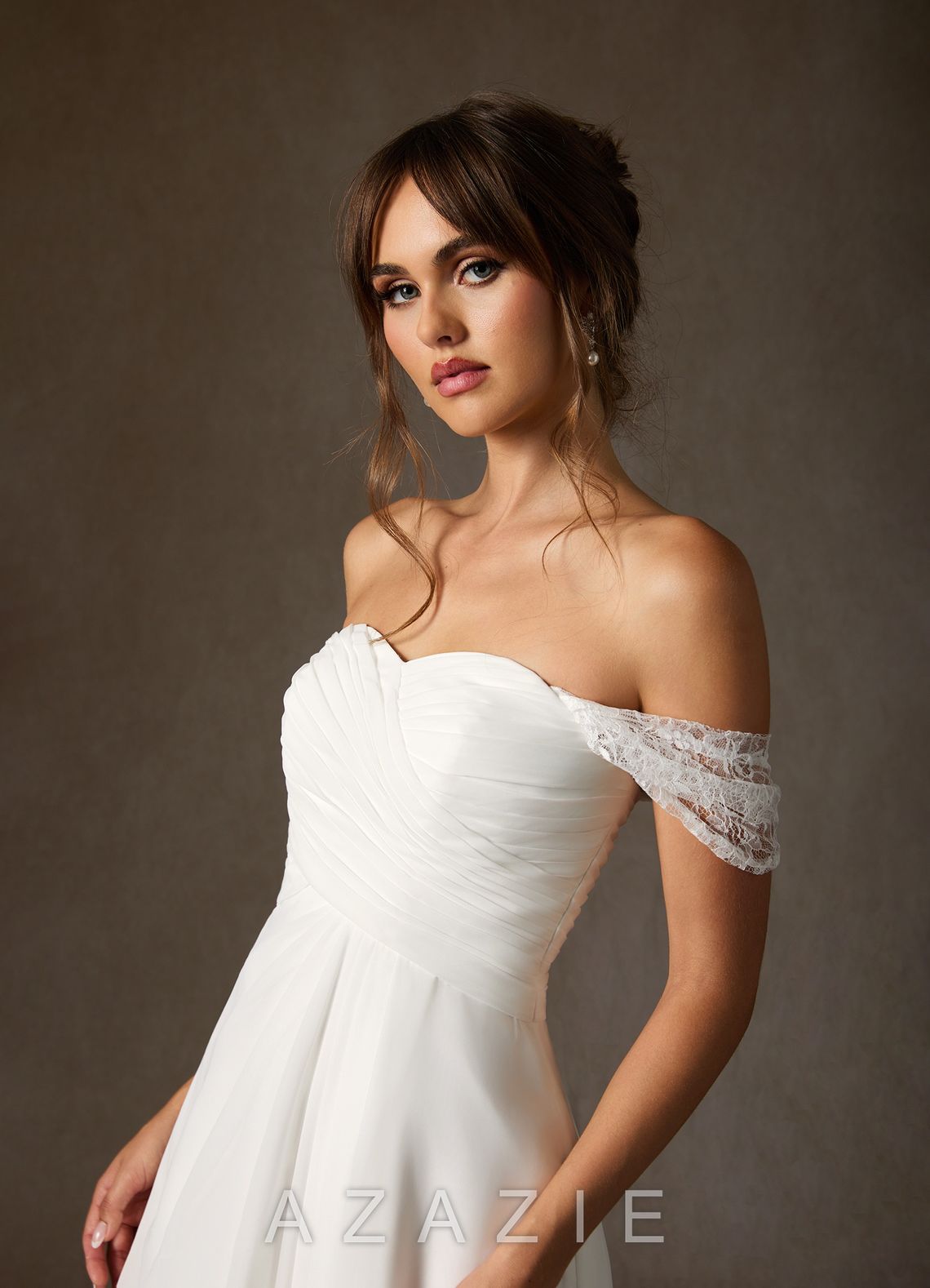 Azazie Zadie Wedding Dress Diamond White A-Line Off the Shoulder Chiffon Dress diamond_white