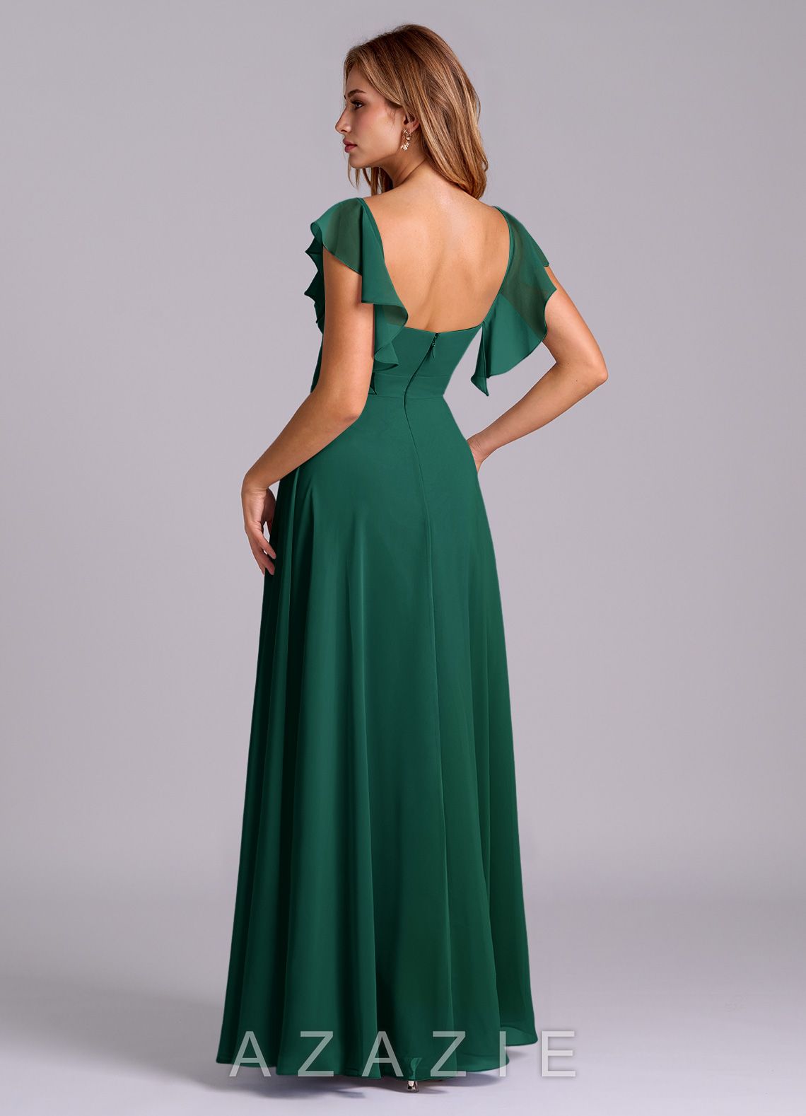 Azazie Leilani Emerald A-Line Pleated Chiffon Dress emerald