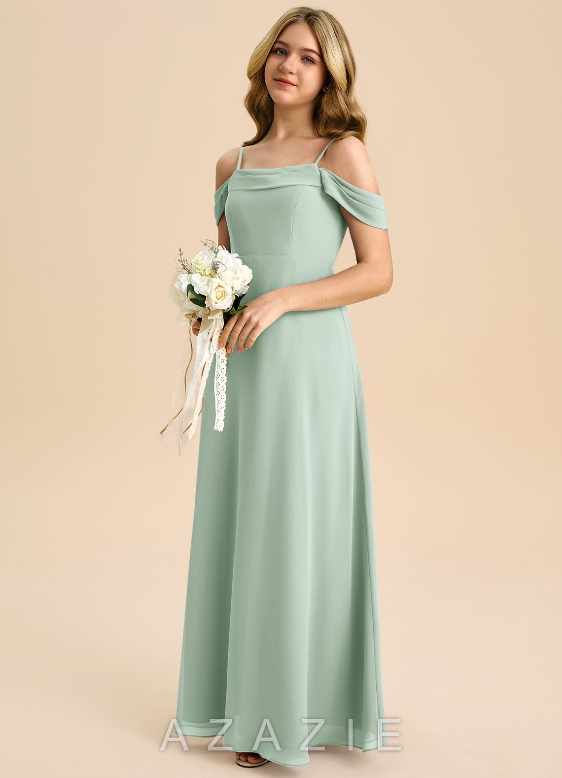Azazie Anselie Junior Agave A-Line Off the Shoulder Chiffon Dress agave