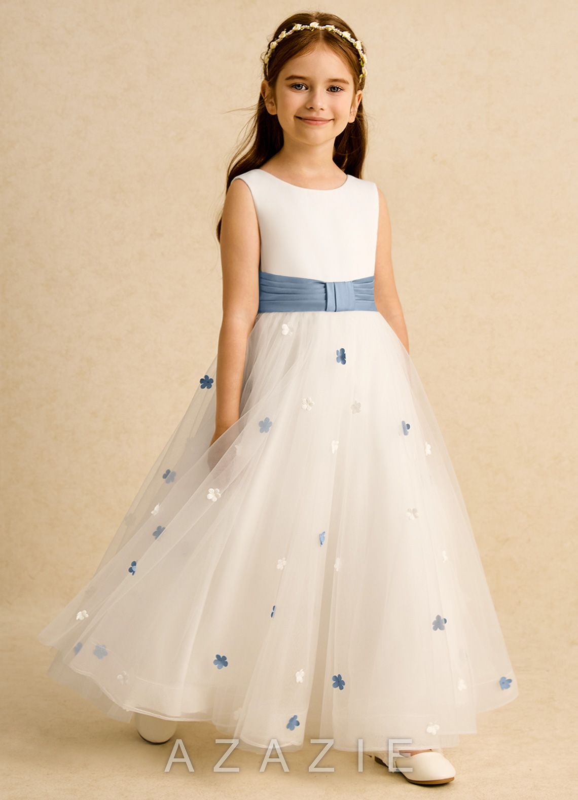 Azazie Cricket Ivory Dusty Blue Ball-Gown Pleated Matte Satin Dress ivory/dusty_blue