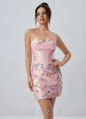 Ophelianna Blushing Pink multi-colored 3D Flowers Beading Stretch Satin Mini Dre