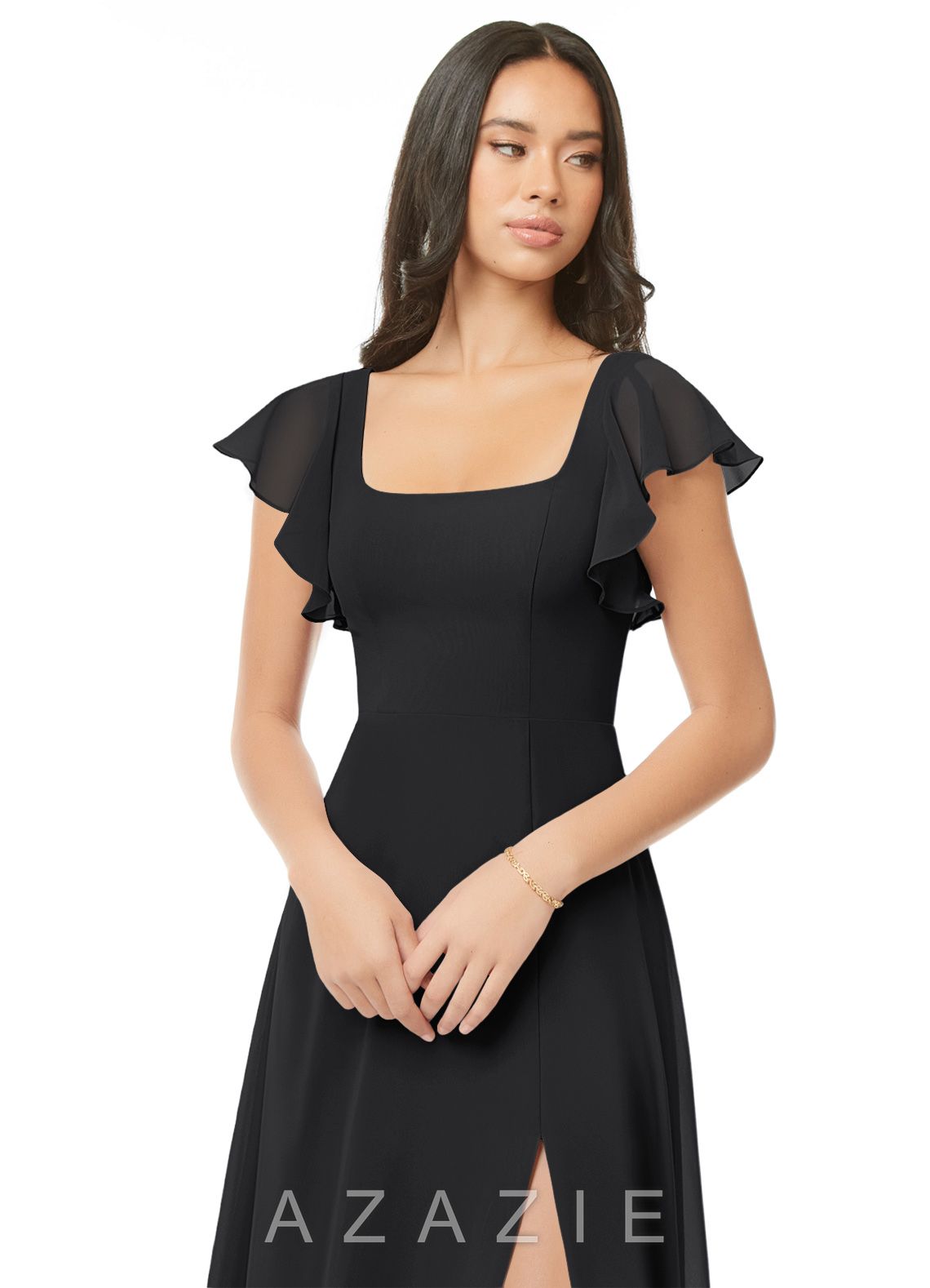 Azazie Bondi Black A-Line Ruched Chiffon Dress black