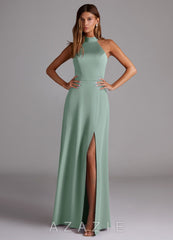 Azazie Myra Agave A-Line High Neck Stretch Satin Dress agave