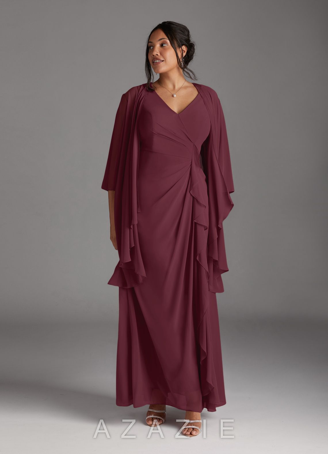 Azazie Manuella Cabernet A-Line V-Neck Pleated Chiffon Dress cabernet