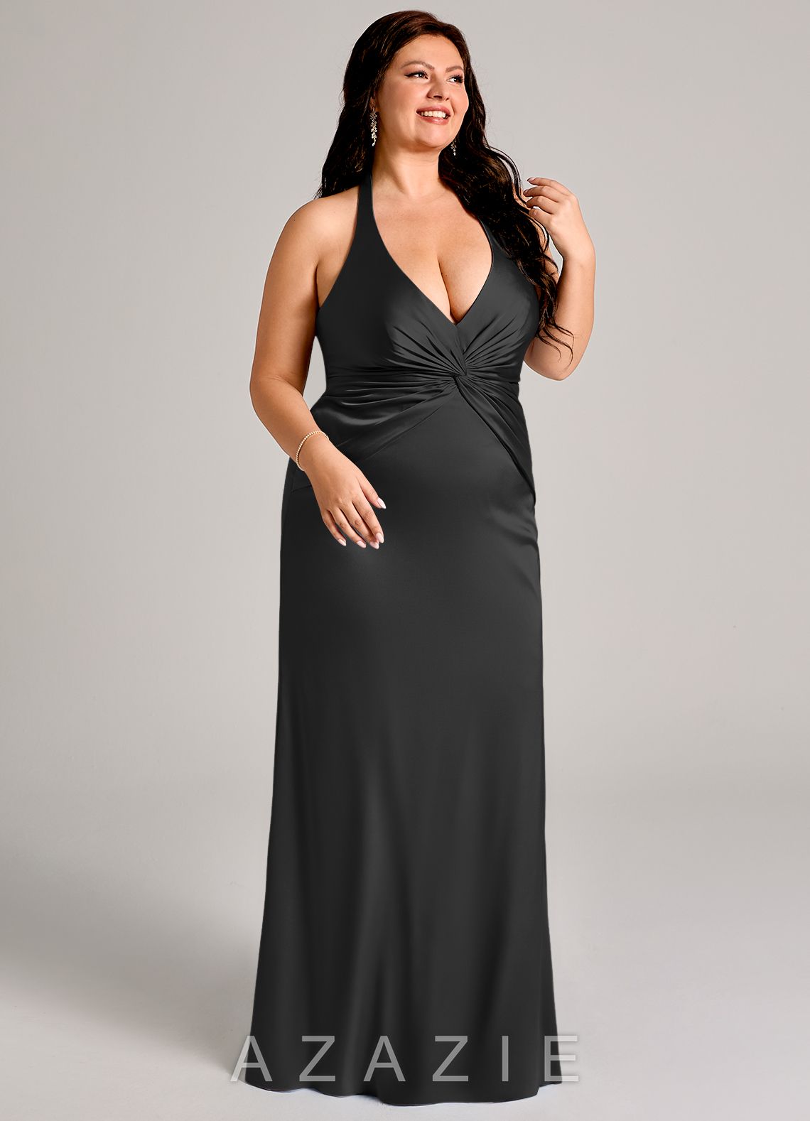 Azazie Valerie Black Mermaid Pleated Stretch Satin Dress black