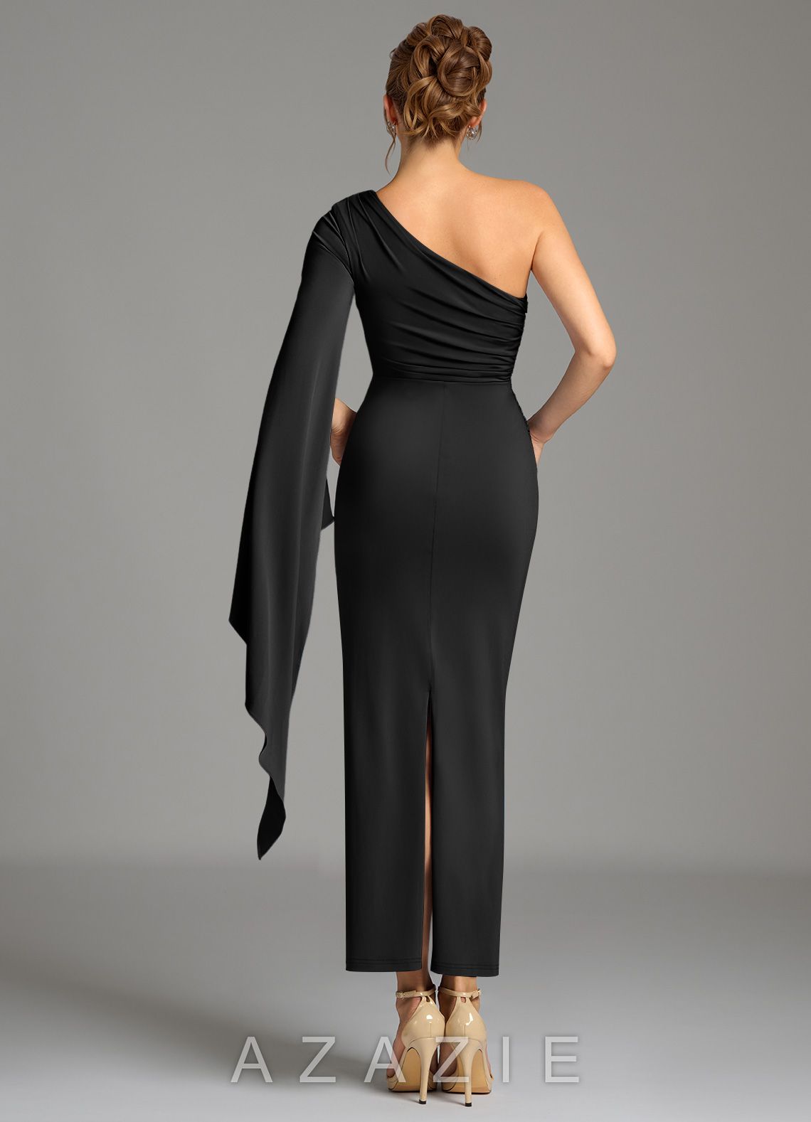 Azazie Jana Black Sheath Long Sleeve Premium Stretch Jersey Dress black