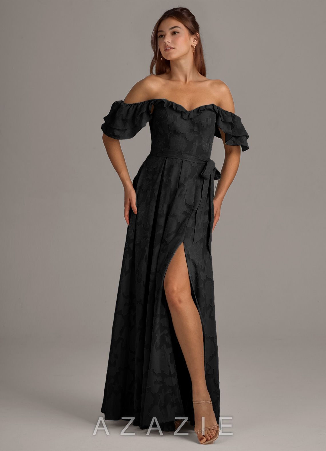 Azazie Aricella Black A-Line Corset Floral Burnout Dress black