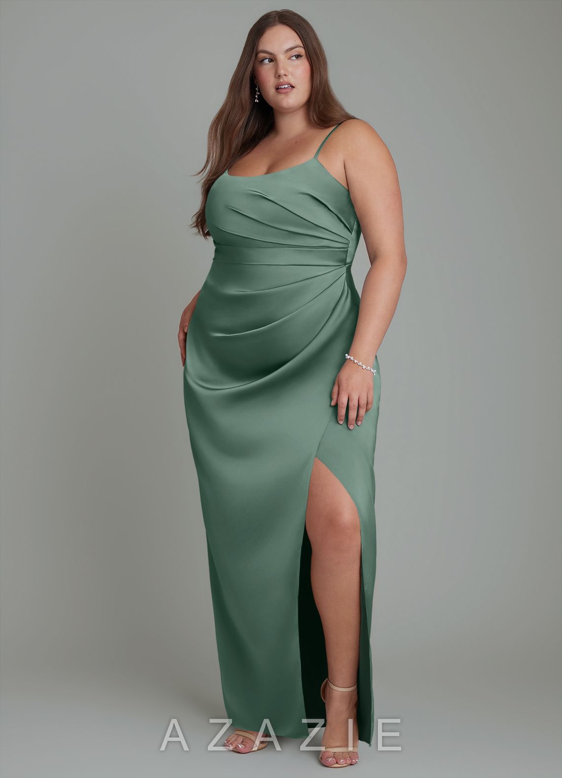 Azazie Calandra Eucalyptus Sheath Pleated Stretch Satin Dress eucalyptus