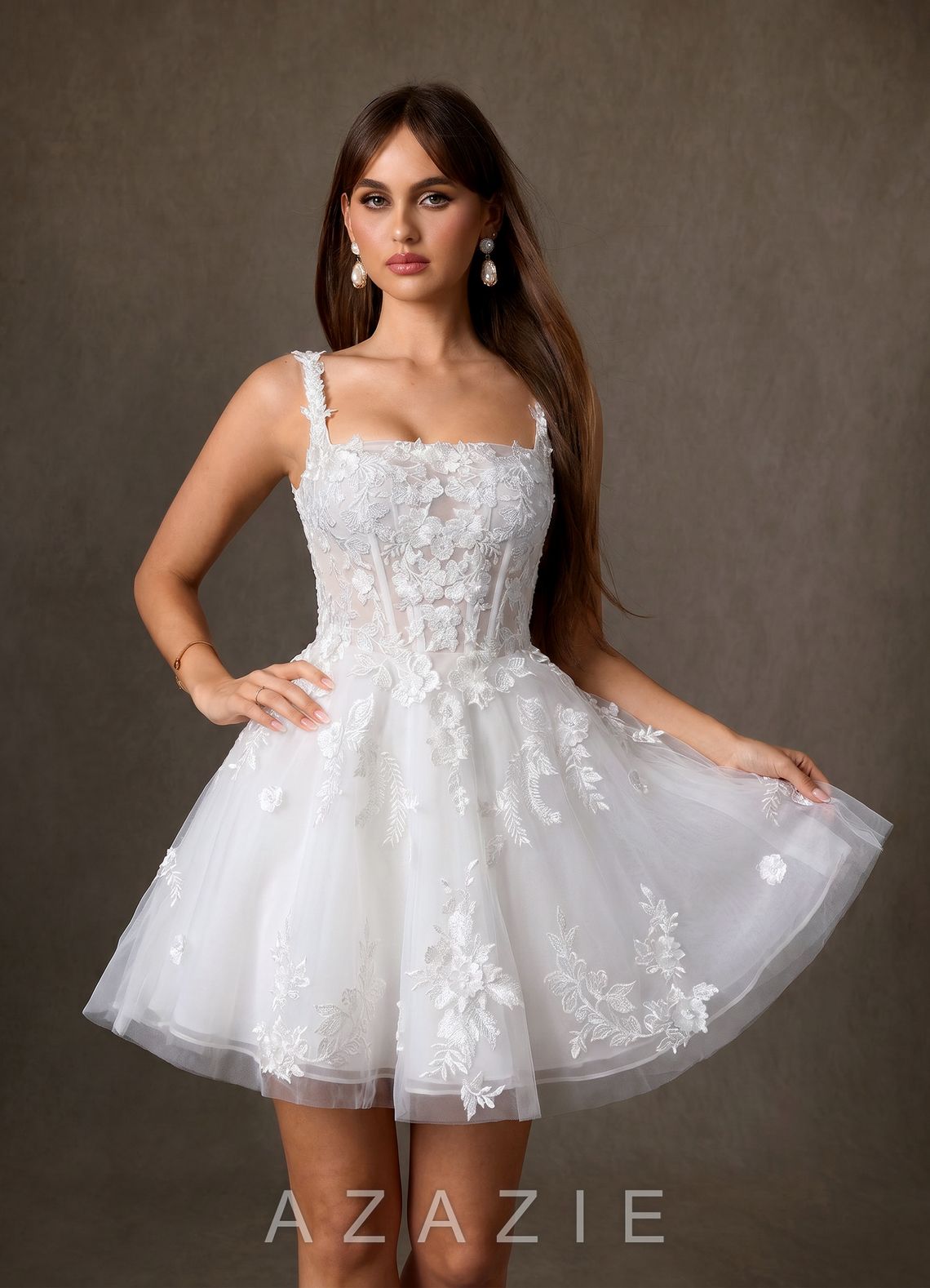 Azazie Darcy Diamond White A-Line Lace Dress