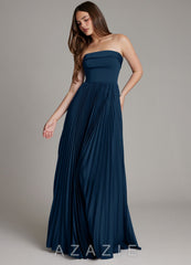 Azazie Mariana Dark Navy A-Line Pleated Stretch Satin Dress