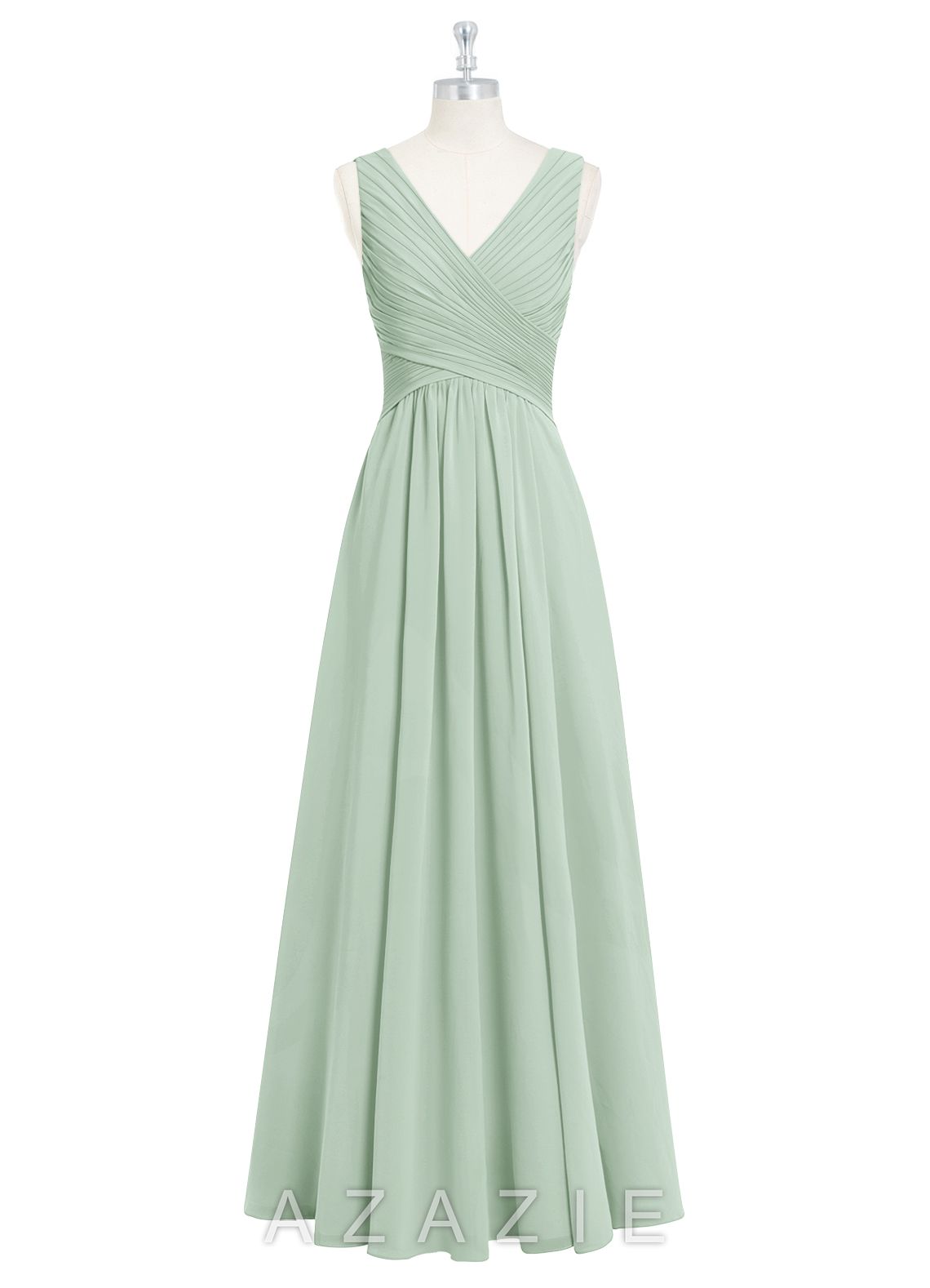 Azazie Flora Agave A-Line Pleated Chiffon Dress agave