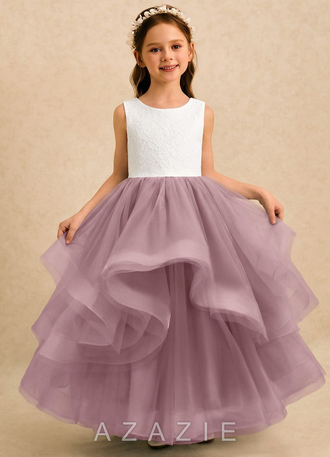 Azazie Madison Ivory Dusty Rose Ball-Gown Lace Tulle Dress ivory/dusty_rose