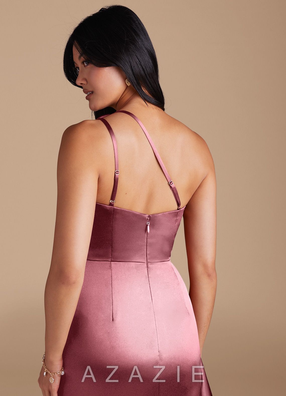 Azazie Latrice Desert Rose Sheath One Shoulder Metallic Satin Dress desert_rose
