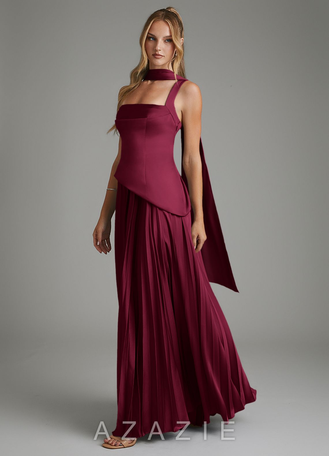 Azazie Stephanie Burgundy A-Line Corset Stretch Satin Dress burgundy