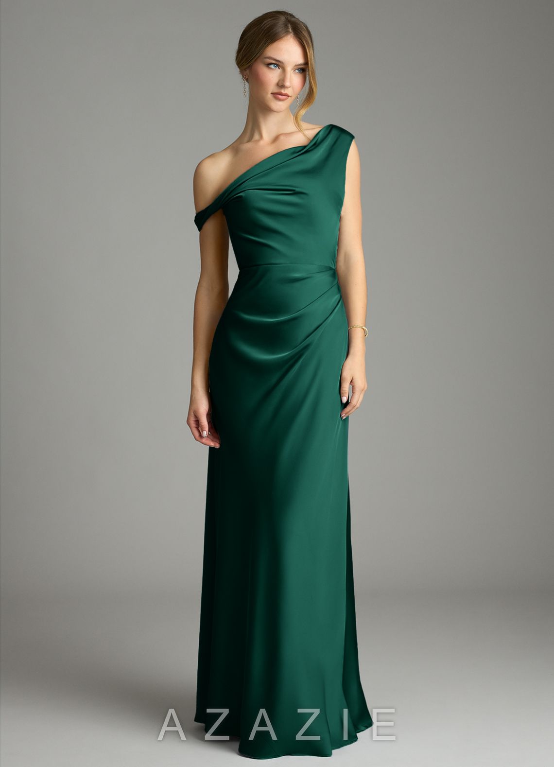 Azazie Emerson Emerald Mermaid Off the Shoulder Stretch Satin Dress emerald