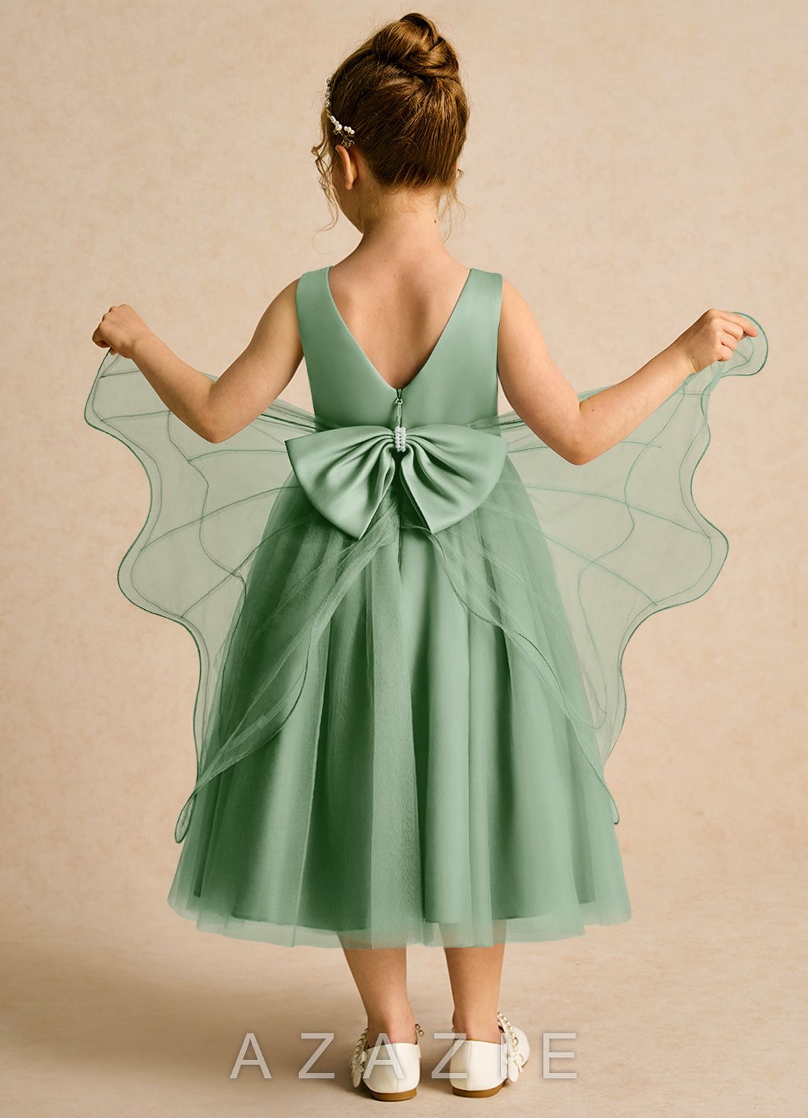 Azazie Pear Matcha Ball-Gown Bow Tulle Dress matcha