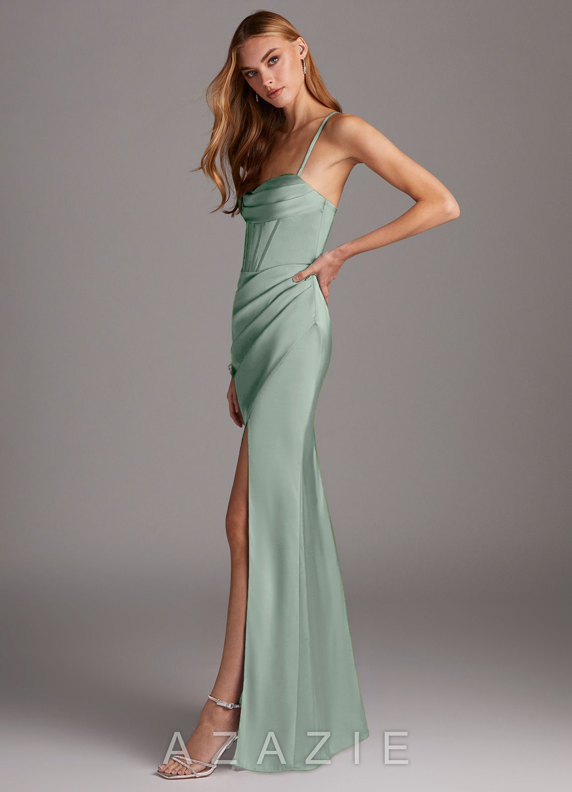 Azazie Brookelle Agave Sheath Sweetheart Corset Stretch Satin Dress agave