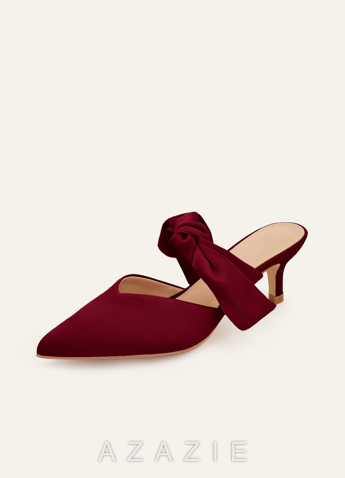 Matching Color Stretch Satin Bow Pointed Toe Kitten Heel Mules