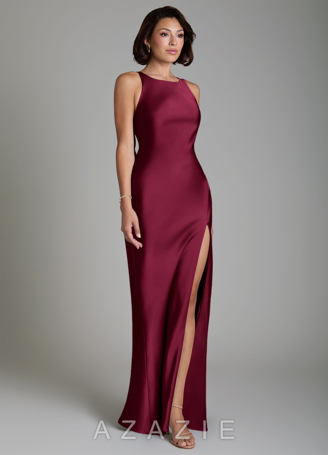 Azazie Dariah Burgundy Mermaid Side Slit Stretch Satin Dress burgundy