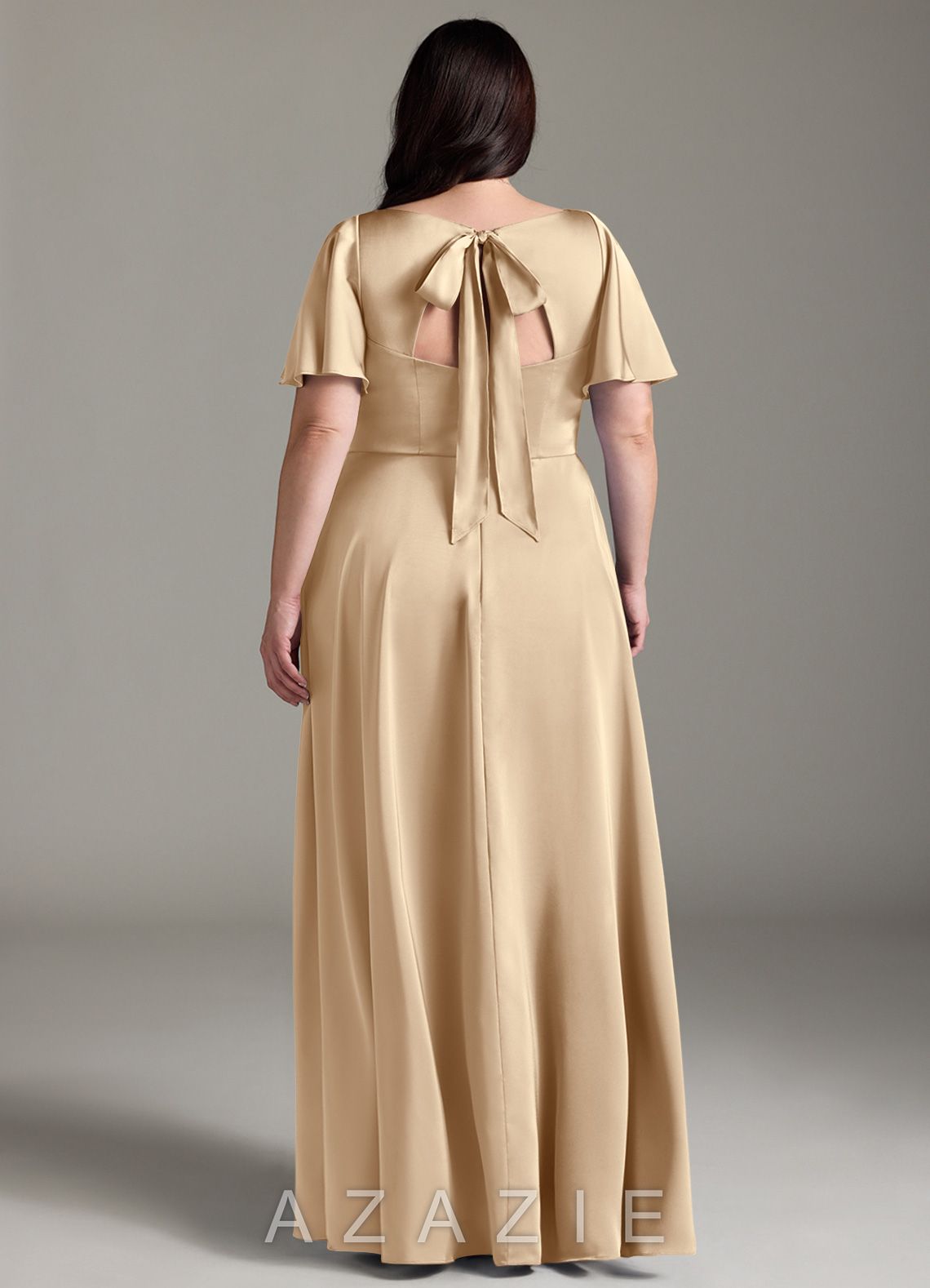 Azazie Kimber Champagne A-Line Ruched Stretch Satin Dress champagne