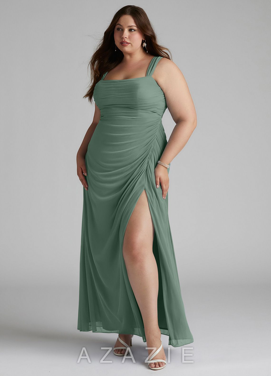 Azazie Jesaphine Eucalyptus Sheath Ruched Mesh Dress eucalyptus