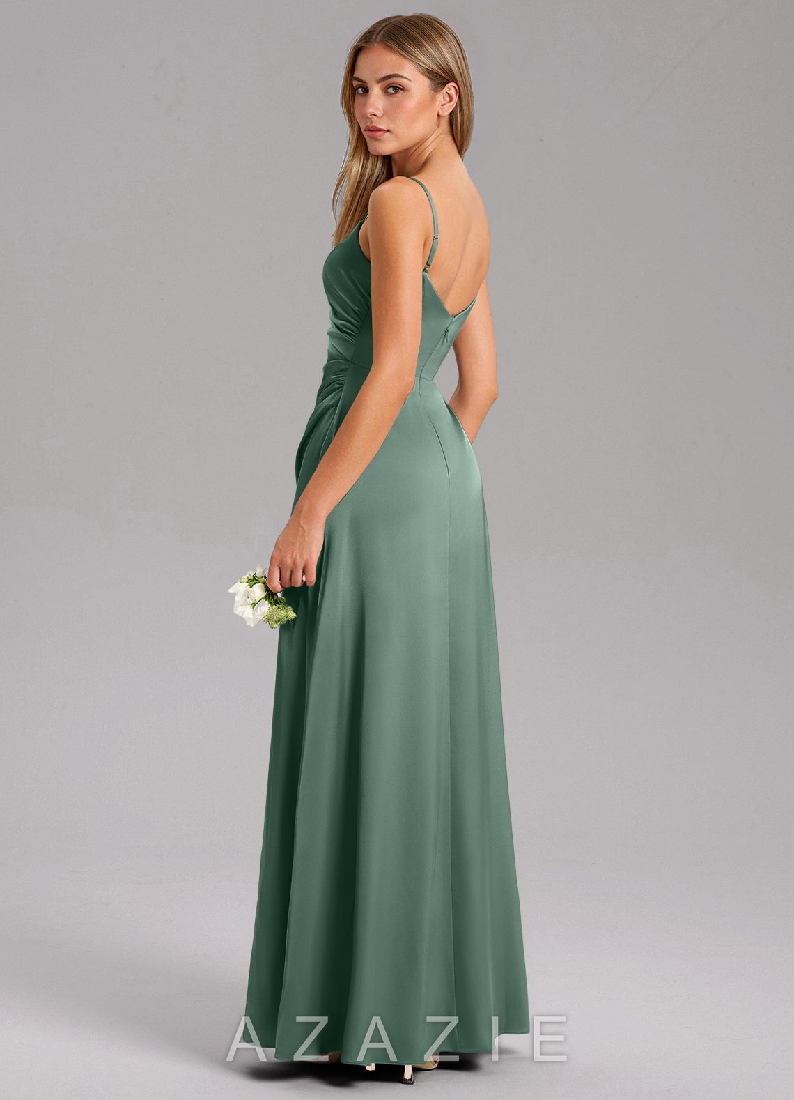 Azazie Azuree Eucalyptus A-Line Pleated Stretch Satin Dress eucalyptus