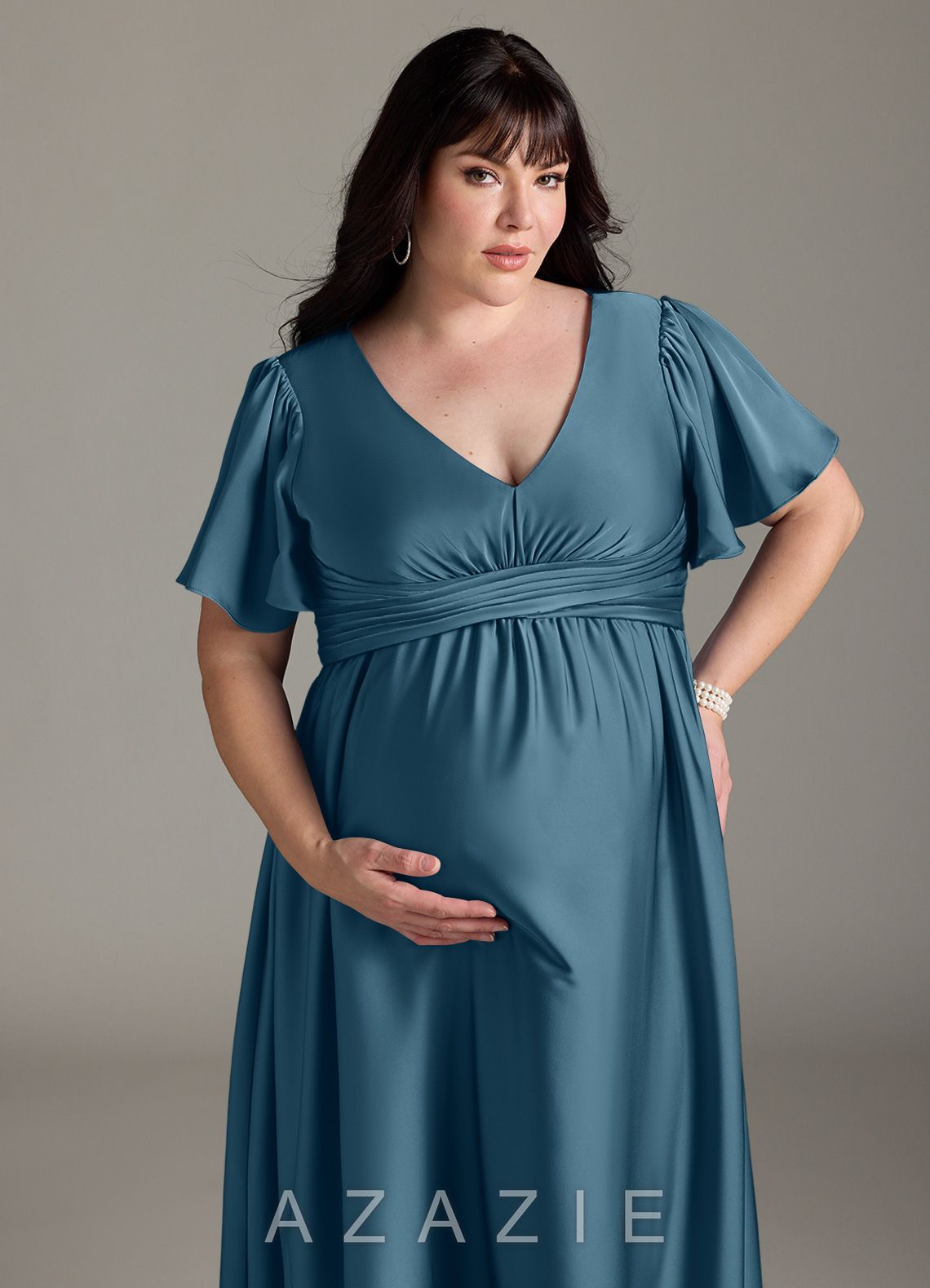 Azazie Verna A-Line Ruched Stretch Satin Floor-Length Dress bermuda
