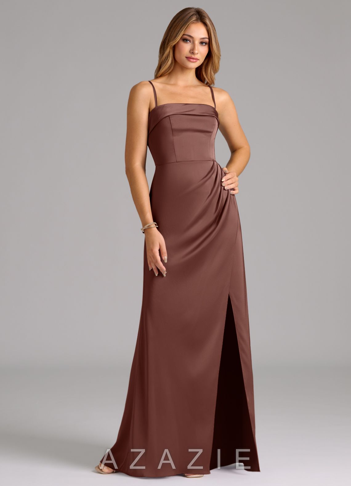 Azazie Aretha Espresso A-Line Strapless Stretch Satin Convertible Dress espresso