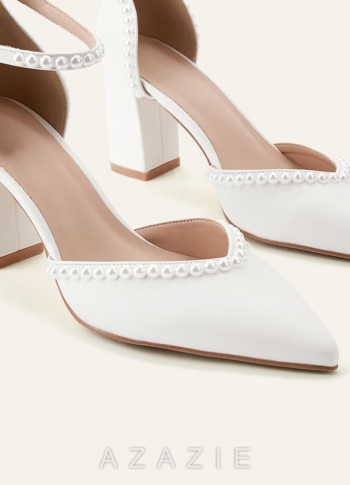 Pearl Embellished Chunky Block Heel Pumps Closed Toe Wedding Shoes  diamond_white