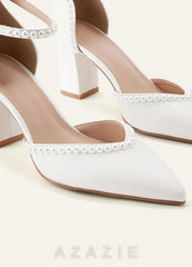 Pearl Embellished Chunky Block Heel Pumps Closed Toe Wedding Shoes  diamond_white