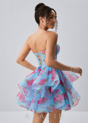 Reliau Blue Lace Print Tulle Corset A Line Lace-Up Mini Dress