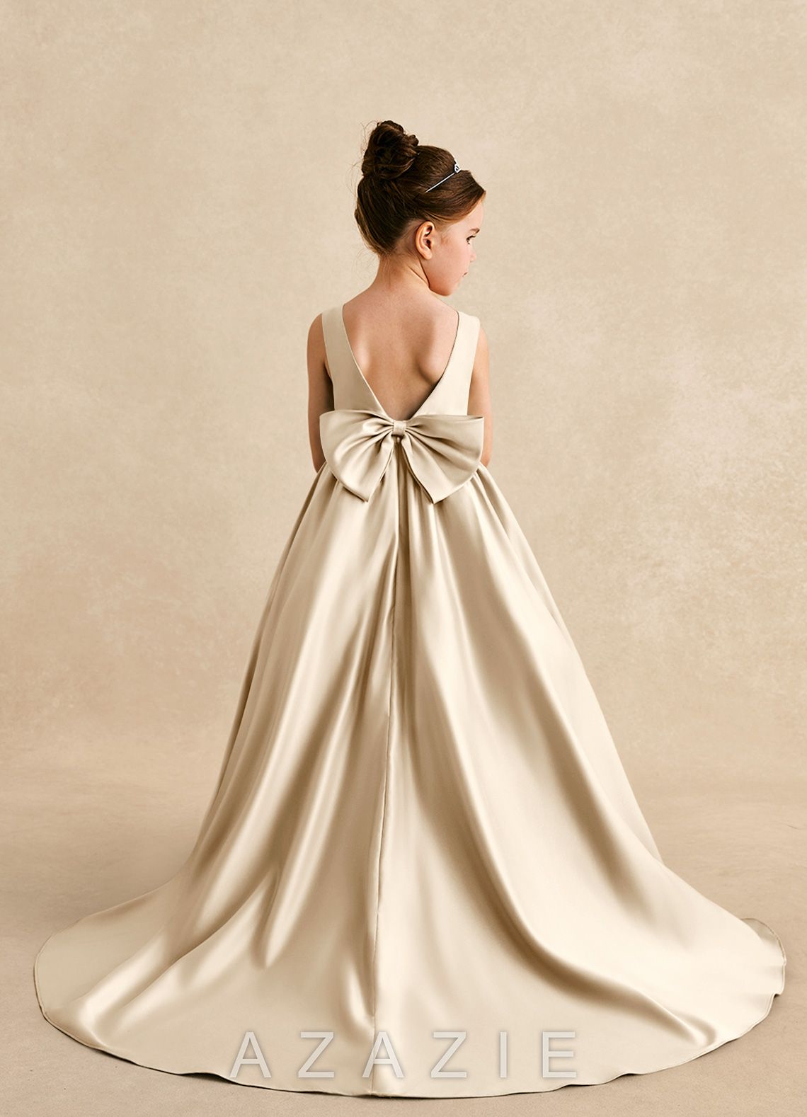 Azazie Mimia Champagne A-Line Bow Matte Satin Dress champagne