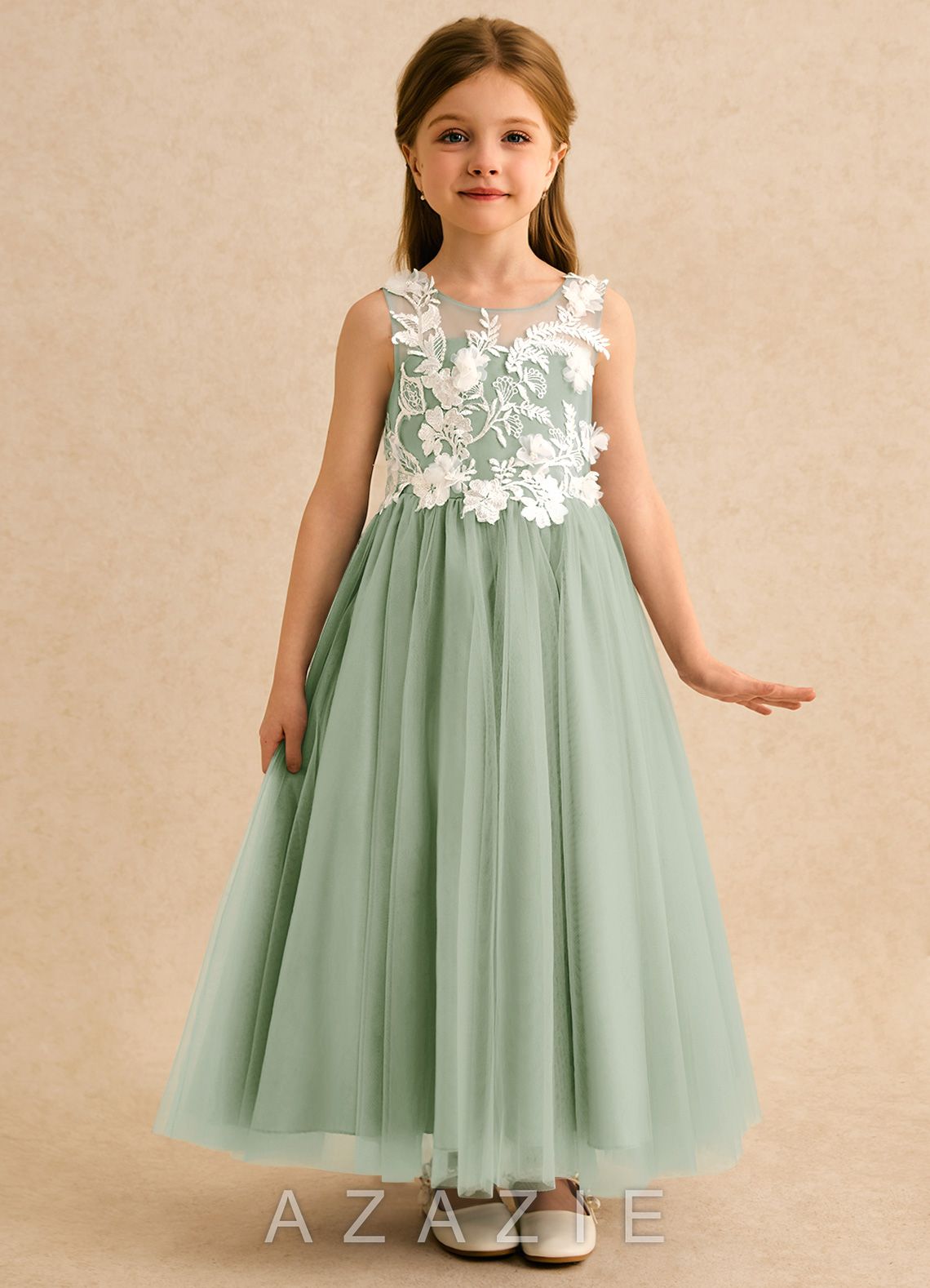 Azazie Mixie Dusty Sage Ball-Gown Lace Dress dusty_sage