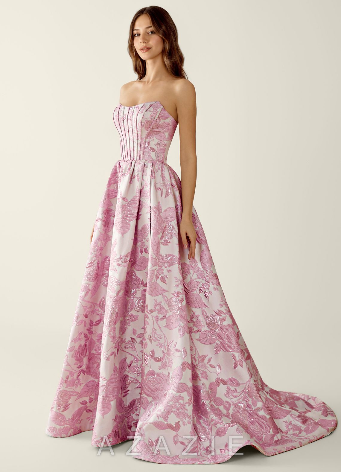 Allegra Pink Floral Jacquard A-line Prom Dress