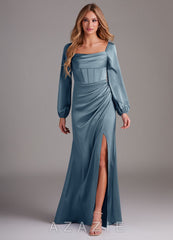 Azazie Charissa Dusty Blue Sheath Long Sleeve Stretch Satin Dress