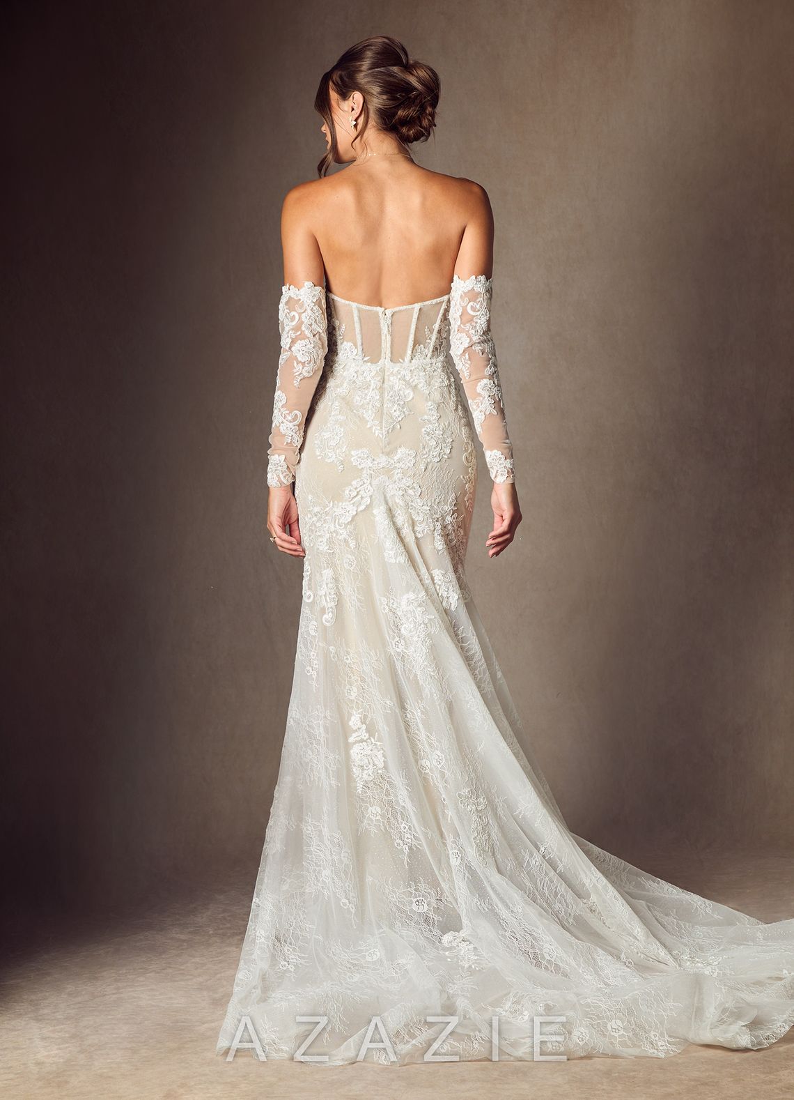 Azazie Caitlin Diamond White Champagne Mermaid Strapless Lace Dress diamond_white/champagne