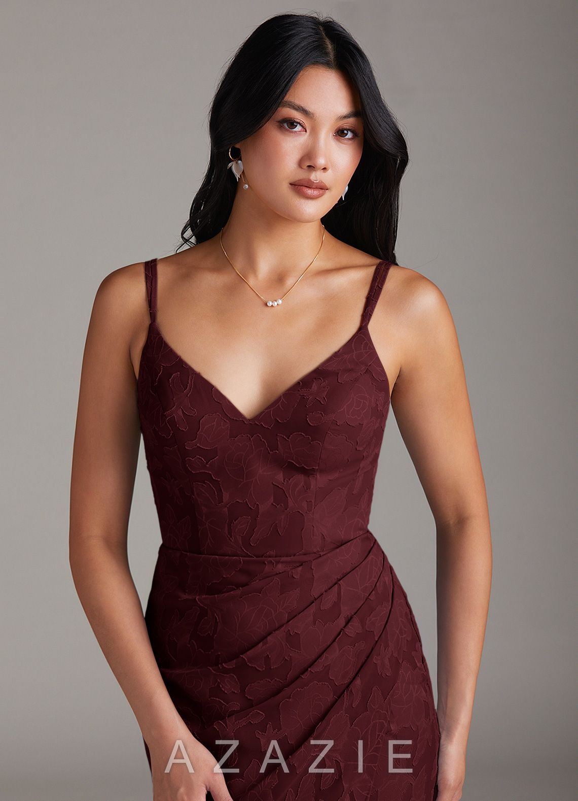 Azazie Leo Cabernet Sheath Pleated Floral Burnout Dress cabernet