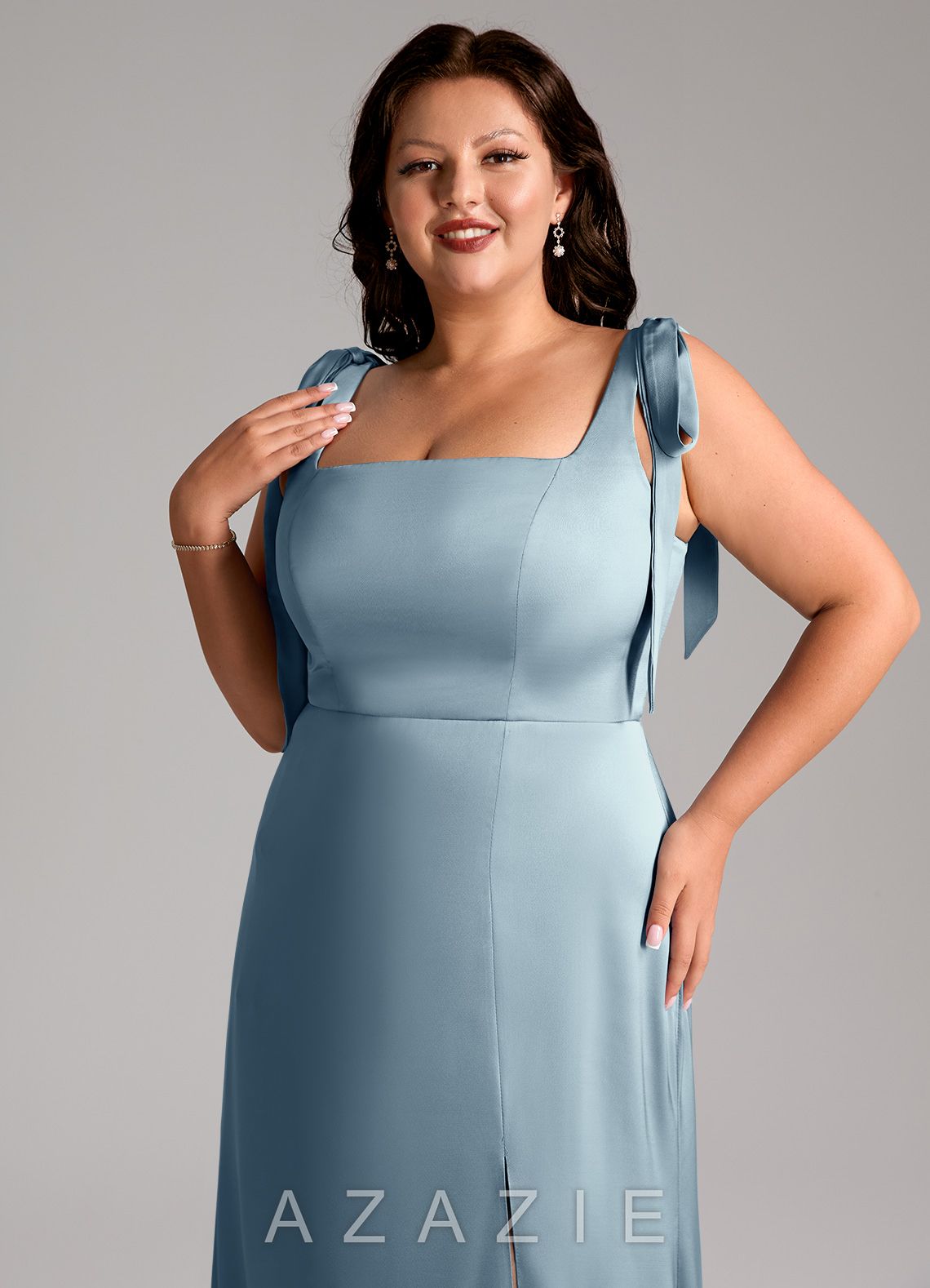 Azazie Frostine Dusty Blue A-Line Bow Stretch Satin Dress dusty_blue
