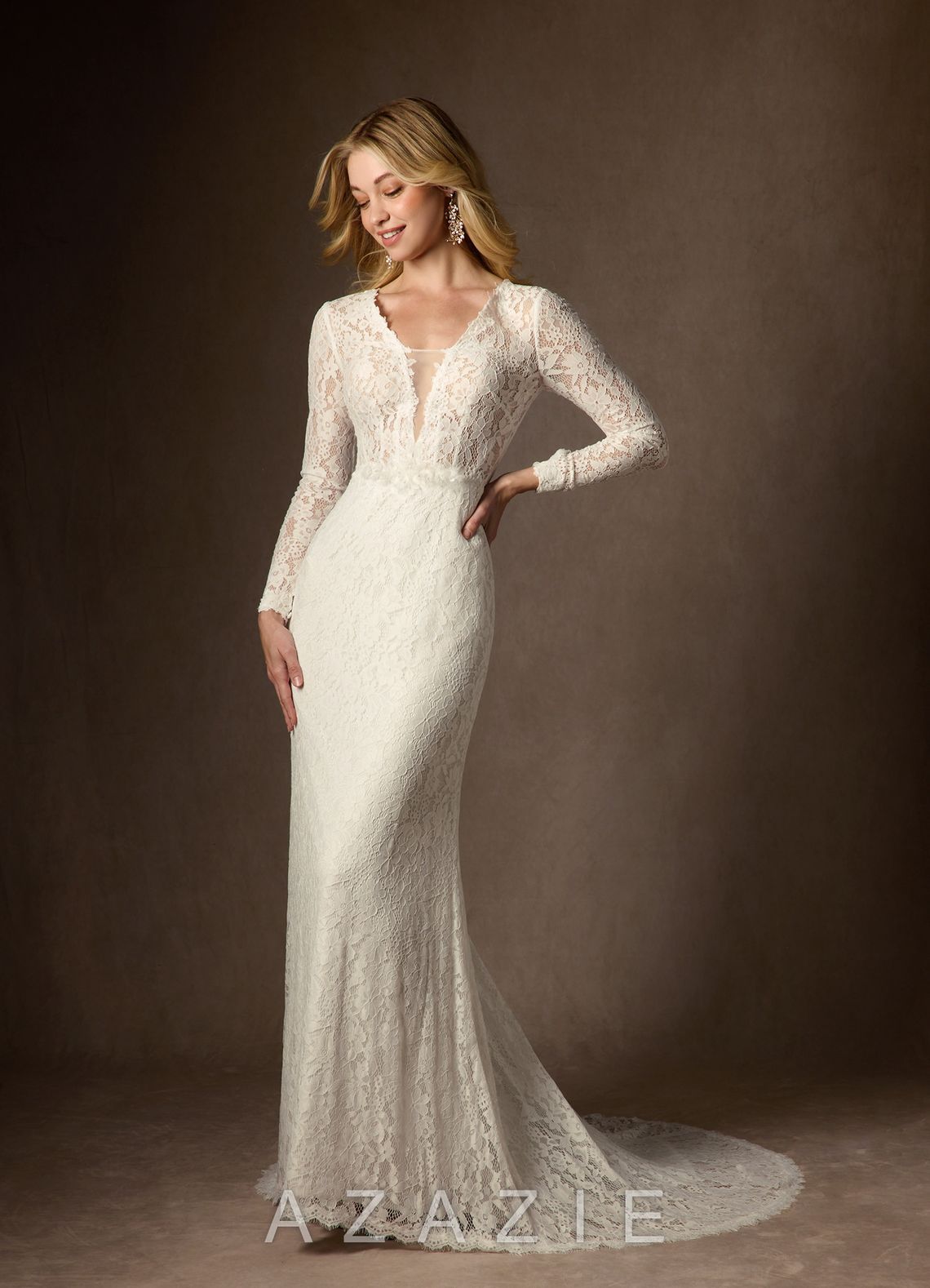 Azazie Indie Wedding Dress Cream Sheath V-Neck Tulle Dress cream