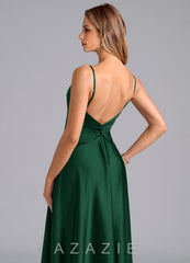 Azazie Elita Dark Green A-Line Pleated Stretch Satin Dress dark_green