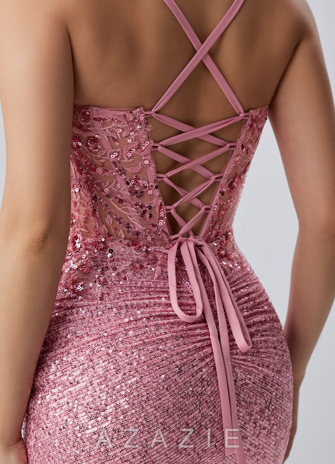 Milleca Pink Sequins Corset Lace-Up Mini Dress