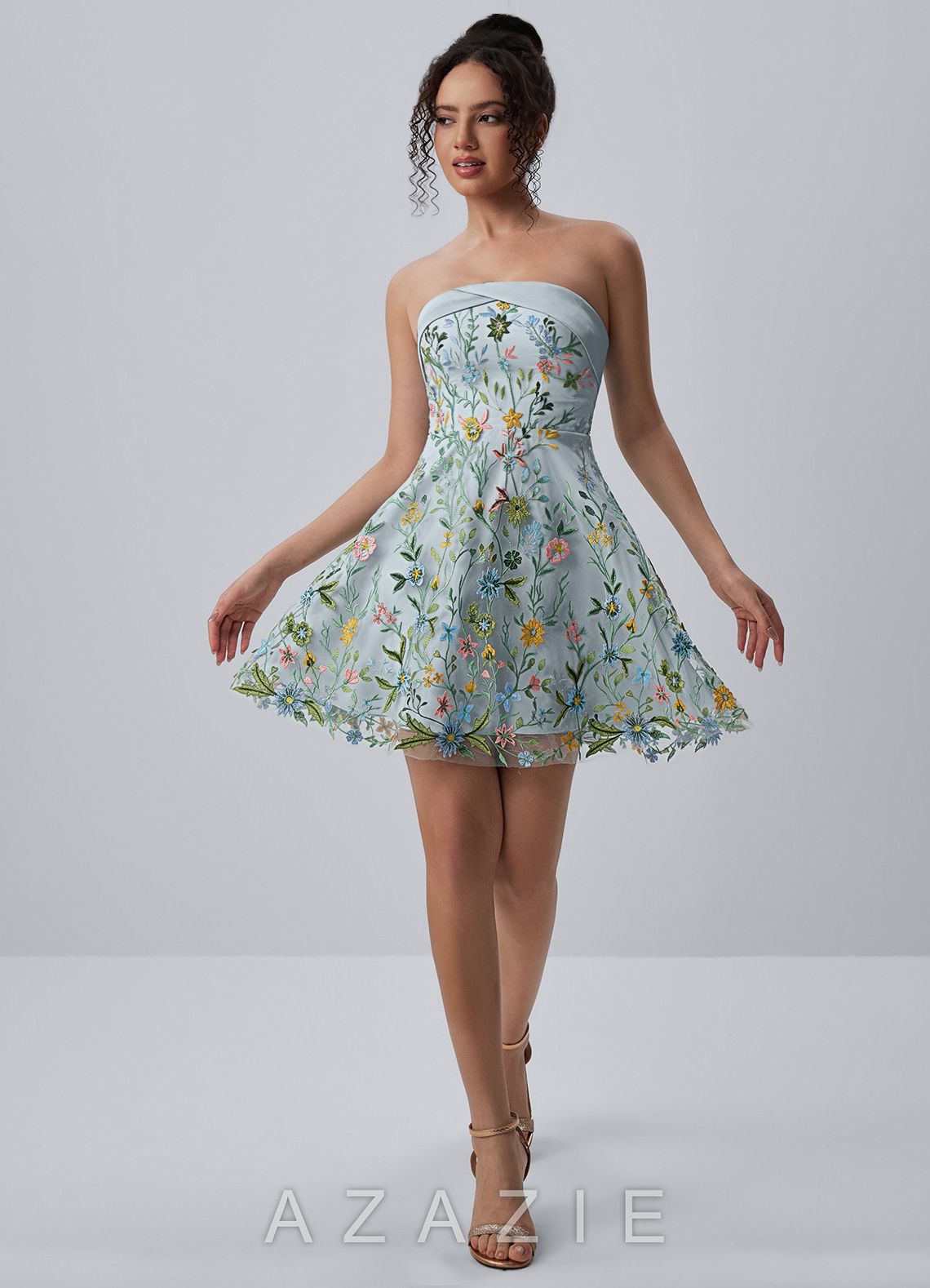 Margaux Sky Blue Strapless Floral Embroidery Lace-Up Skater Mini Dress