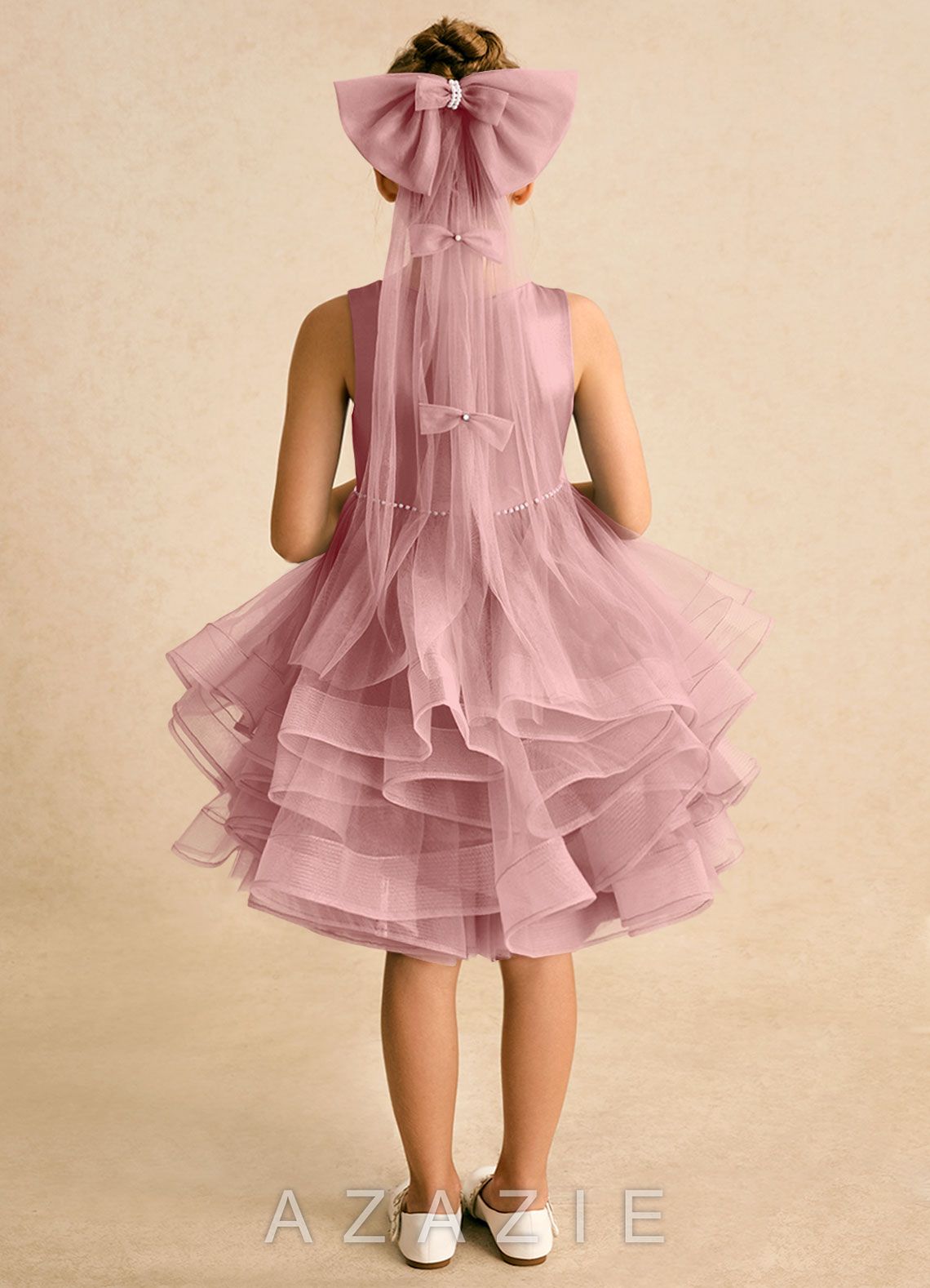 Azazie Tinie Dusty Rose Ball-Gown Bow Tulle Dress dusty_rose