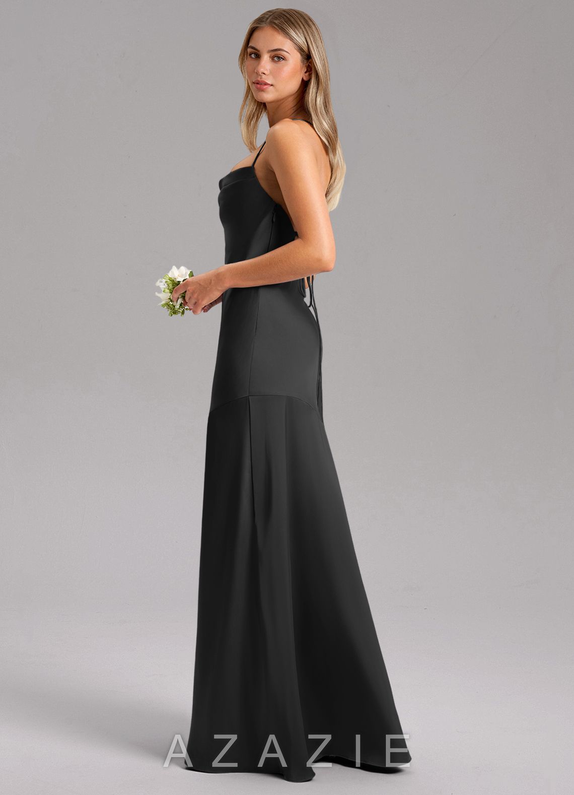 Azazie Grata Black Mermaid Side Slit Stretch Satin Dress black