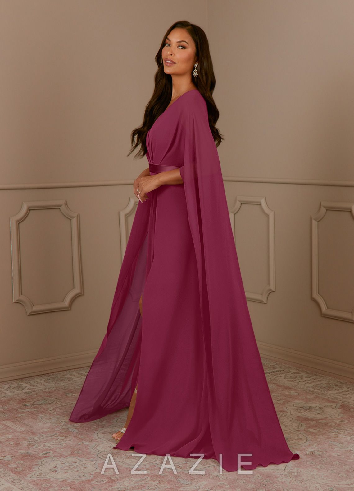 Azazie Isa Mulberry A-Line V-Neck Pleated Chiffon Dress mulberry