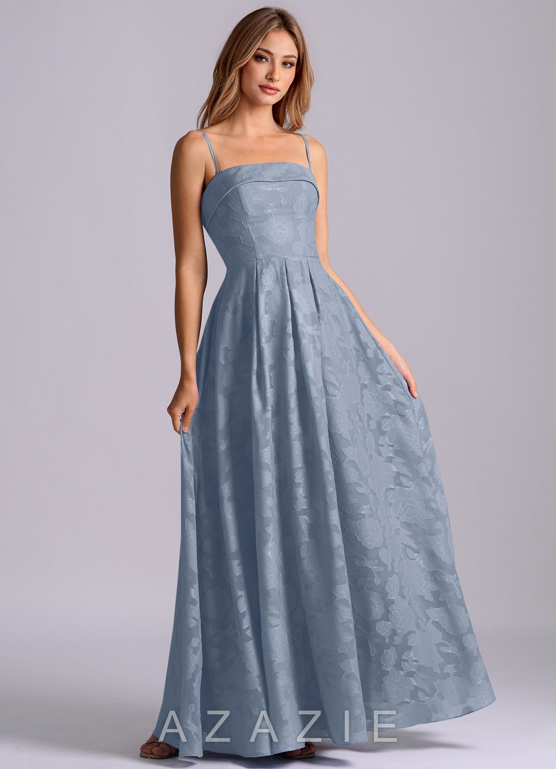 Azazie Lucienne Dusty Blue A-Line Strapless Floral Burnout Dress dusty_blue