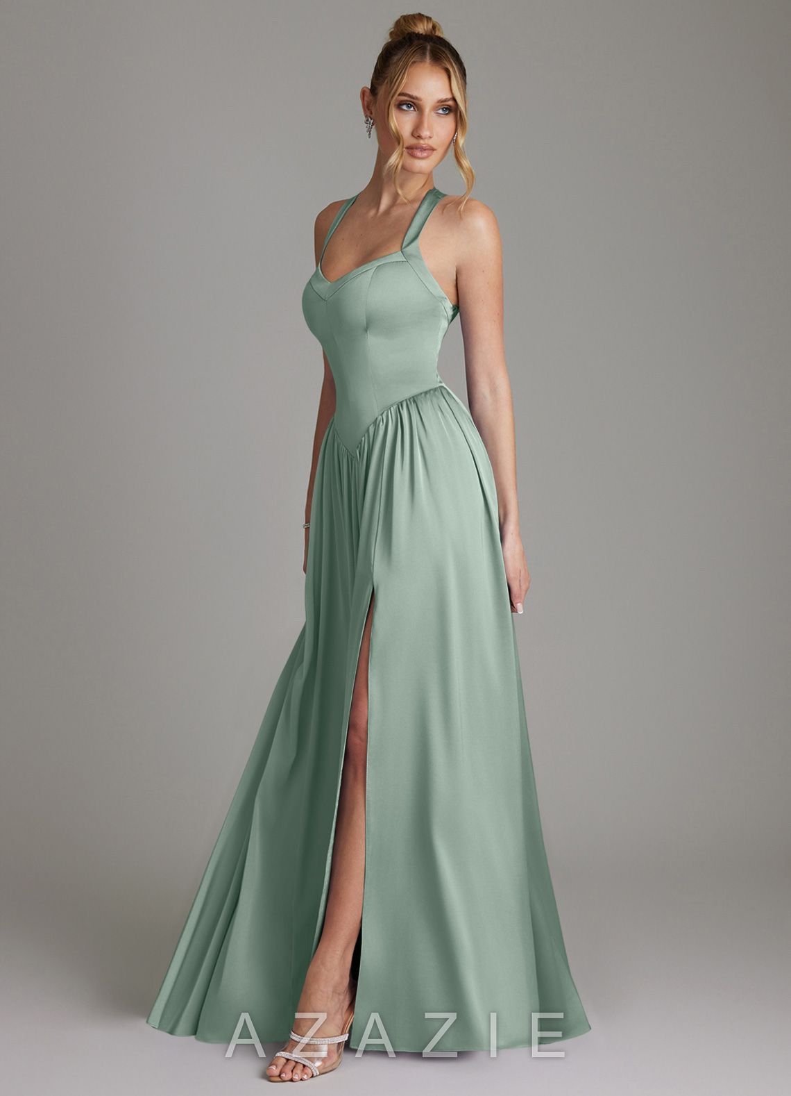 Azazie Francis Agave A-Line Corset Stretch Satin Dress agave