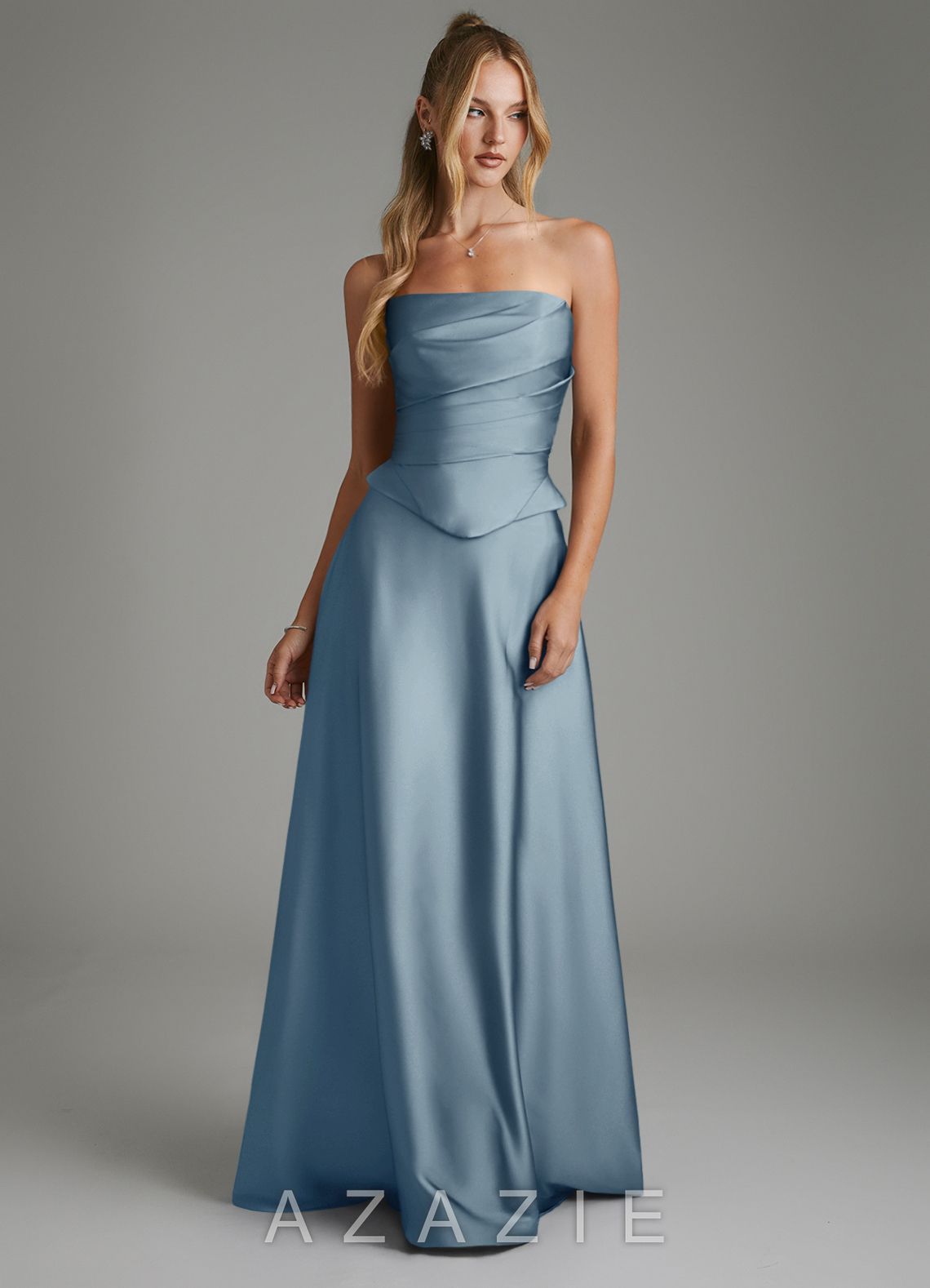 Azazie Amina Dusty Blue A-Line Corset Stretch Satin Dress dusty_blue