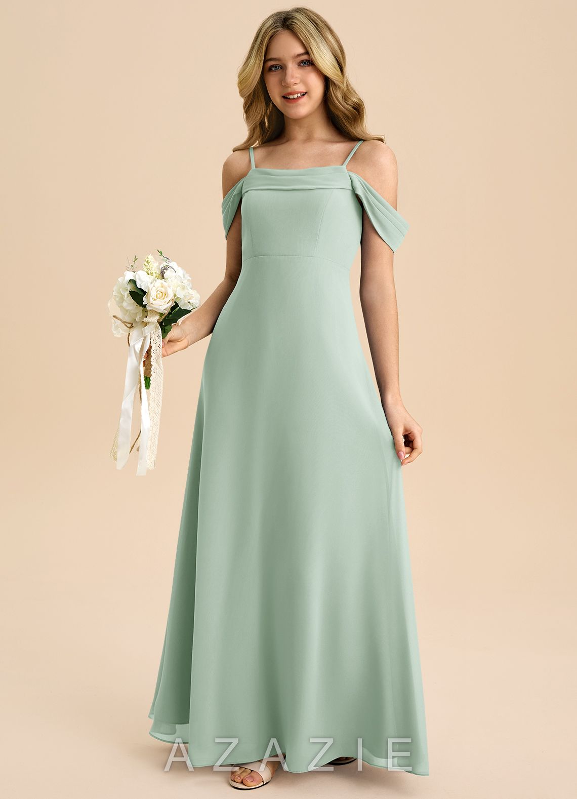 Azazie Anselie Junior Agave A-Line Off the Shoulder Chiffon Dress agave