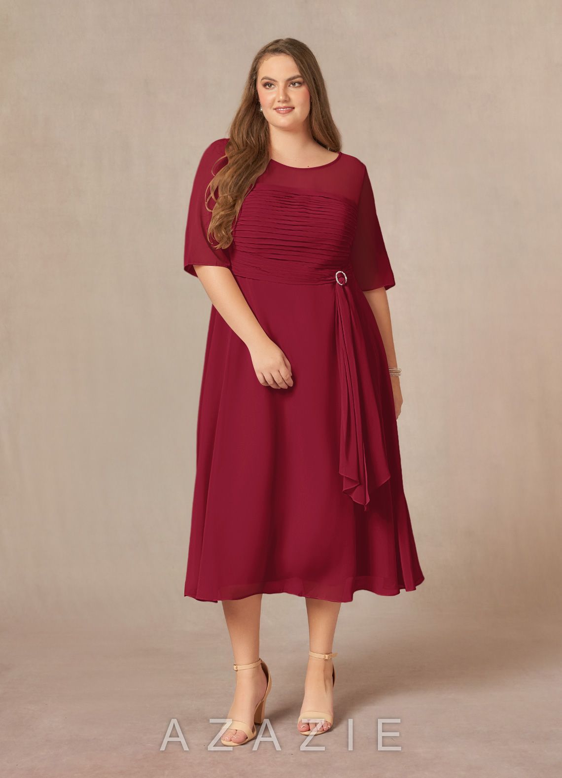 Azazie Naomi Burgundy A-Line Boatneck Pleated Chiffon Dress burgundy